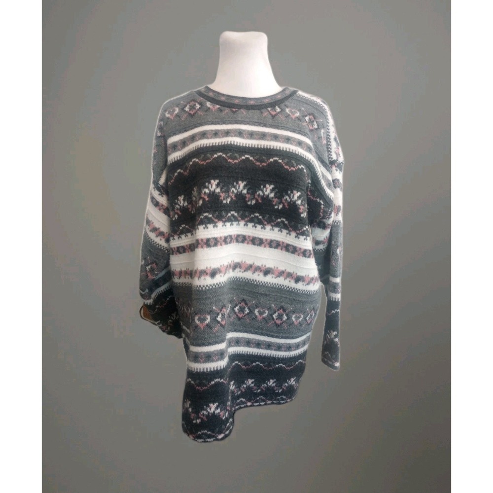 Spunky Vtg  90s Sweater Womens M Hearts Chunky Cozy Fair Isle Grey pink Grunge